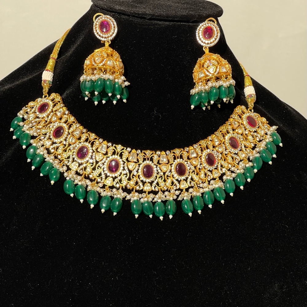 Kundan Polki Bridal Necklace Set Red Ruby Emerald Green CZ Pearl Tyaani